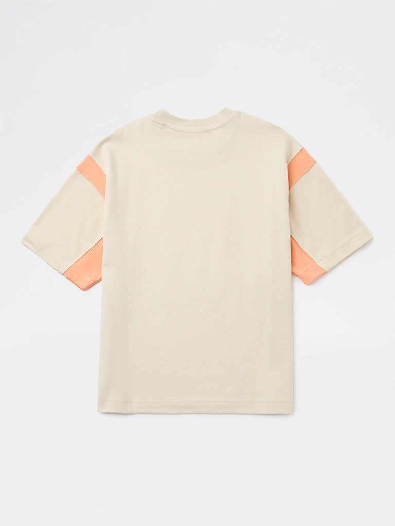 Boys Beige Printed Cotton T-Shirt