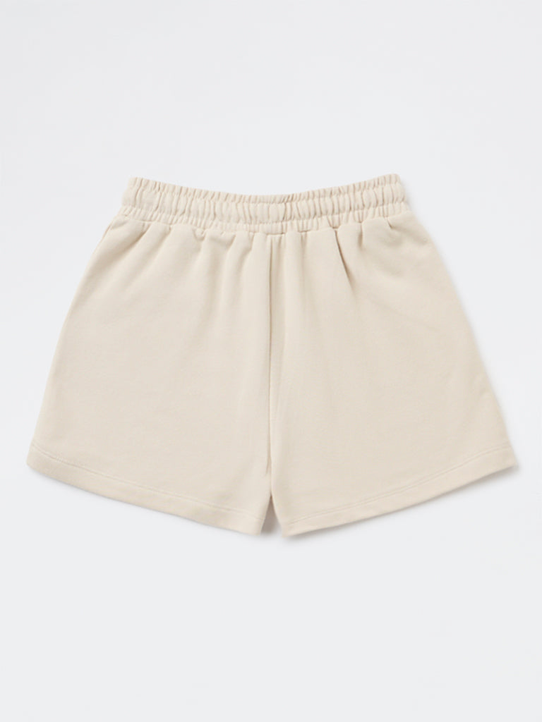 Girls Beige Solid High-Rise Cotton-Blend Shorts