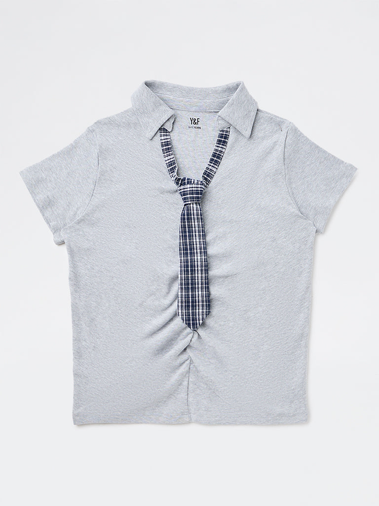 Girls Grey Cotton-Blend Top with Tie