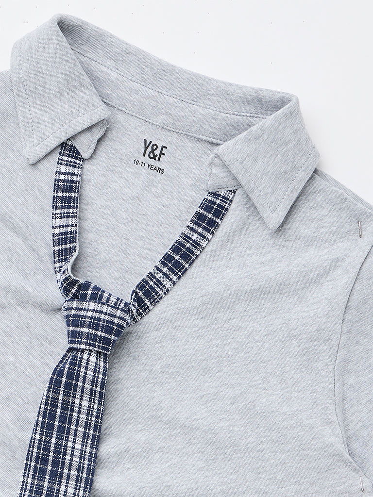 Girls Grey Cotton-Blend Top with Tie