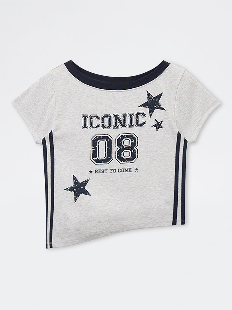 Girls Grey Printed Cotton-Blend T-Shirt