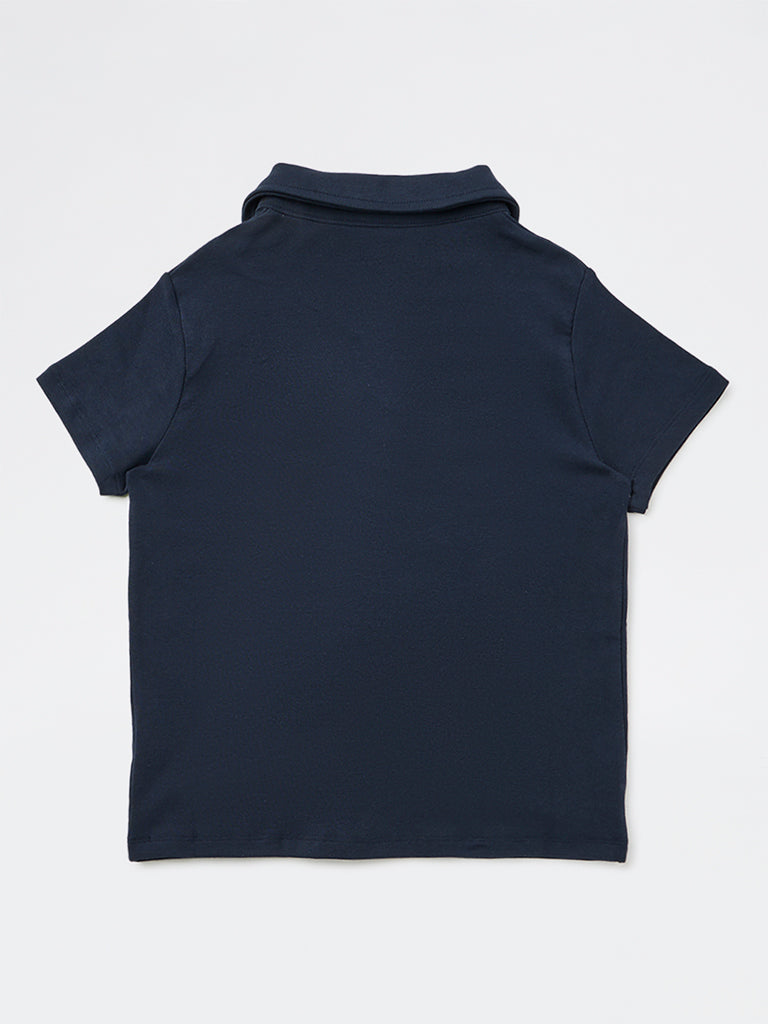 Girls Navy Cotton-Blend Tie Detailed Top