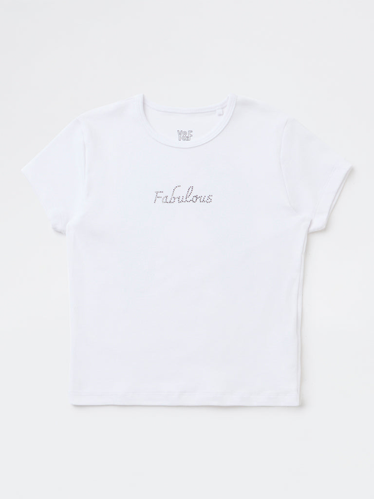 Girls White Embellished Cotton-Blend T-Shirt