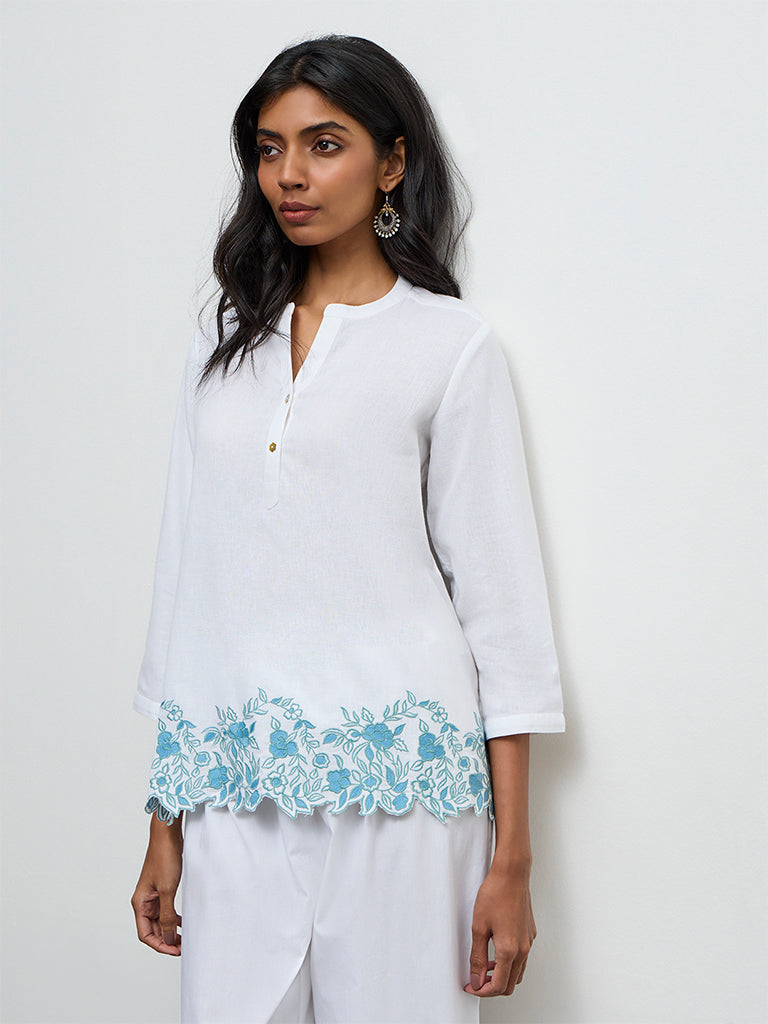 Utsa White Floral Embroidered Cotton-Blend Tunic