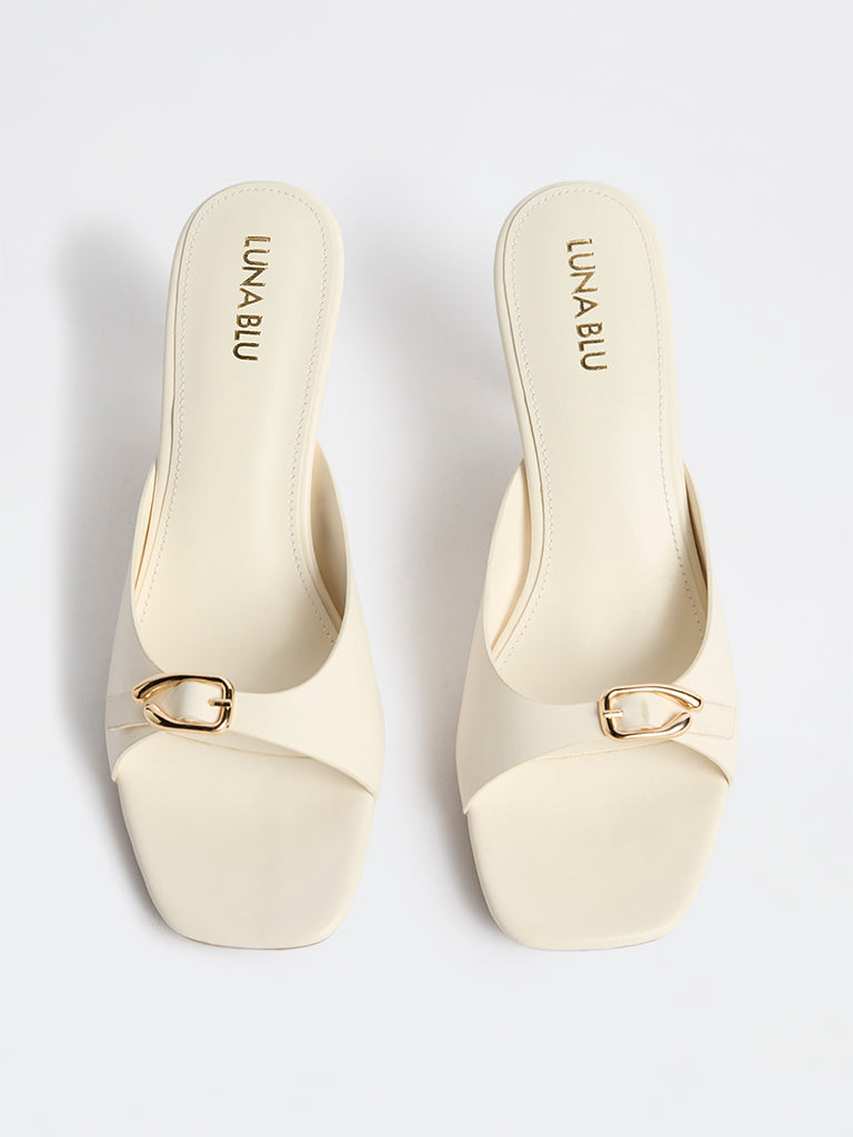 LUNA BLU Off-White Buckle-Detailed Heel Sandals