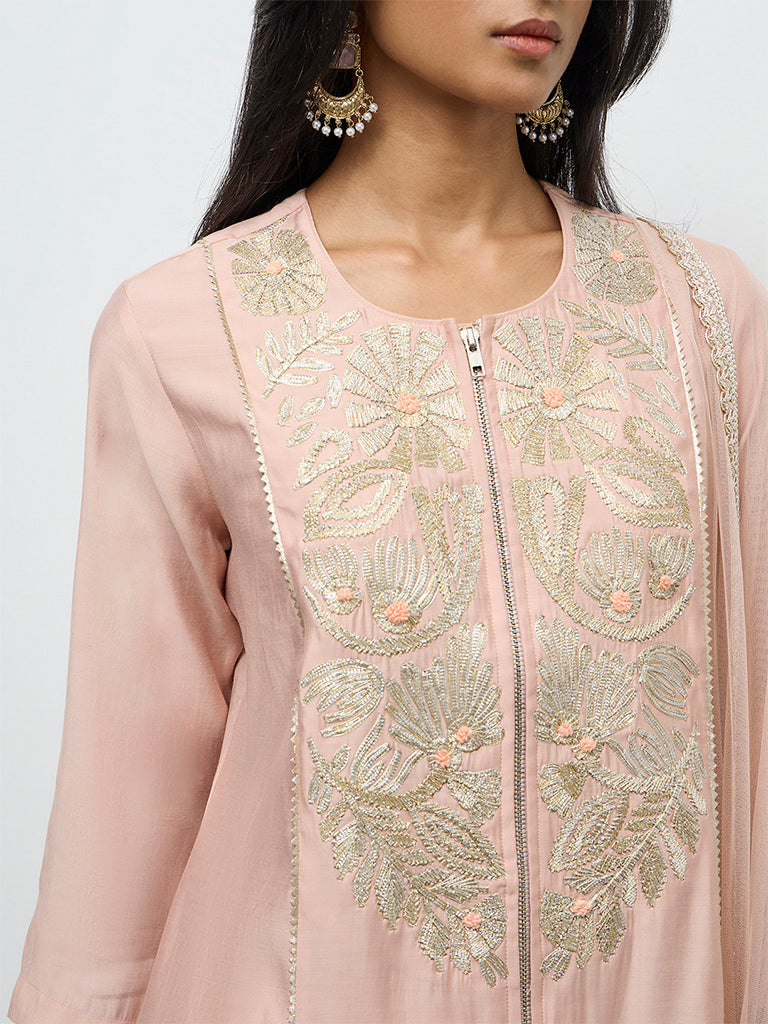 Vark Peach Embroidered A-Line Ethnic Set