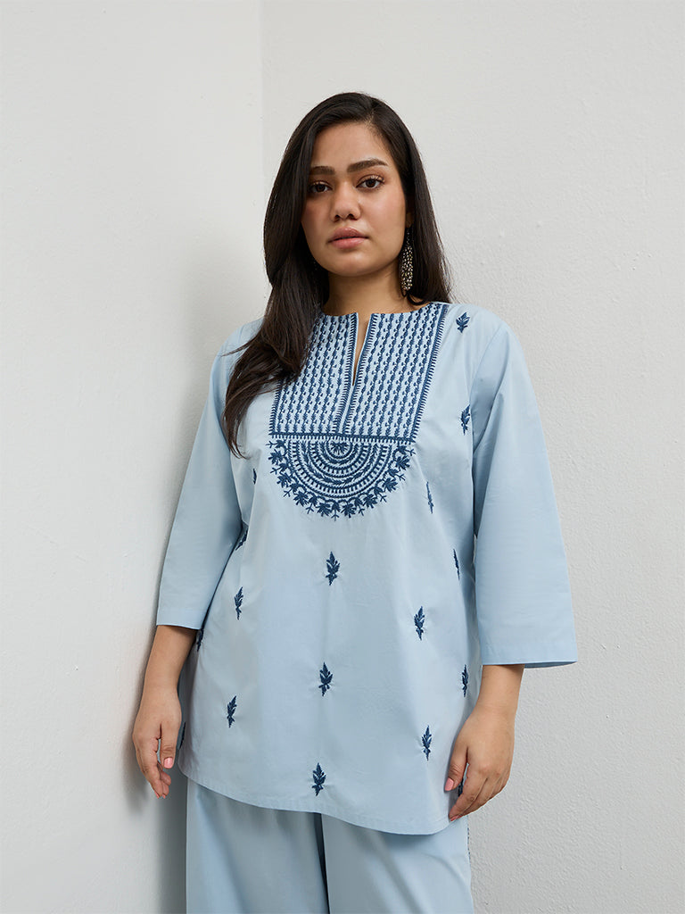 Diza Light Blue Embroidered Cotton Tunic