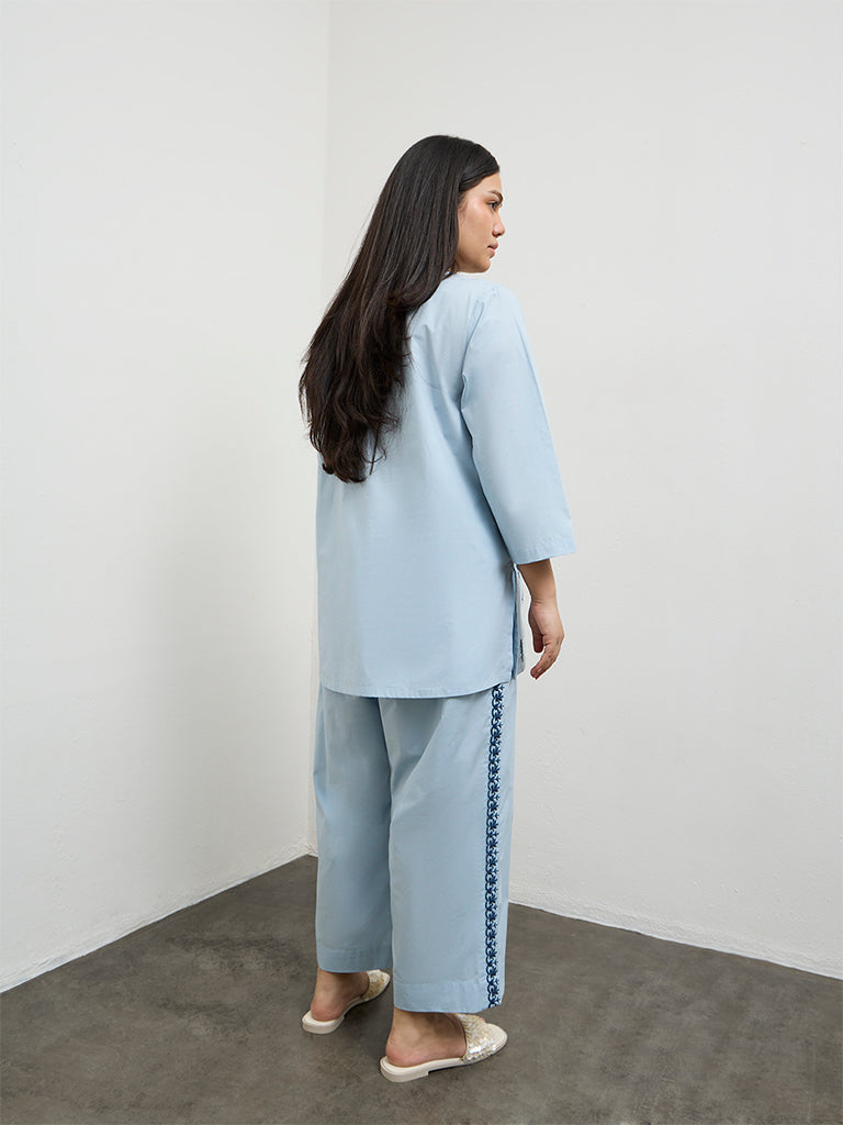 Diza Light Blue Embroidered Cotton Tunic