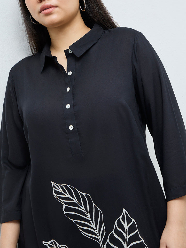 Diza Black Foliage Printed A-Line Kurta