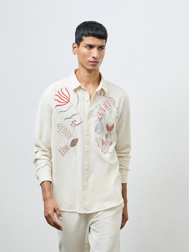 ETA Off-White Embroidered Relaxed-Fit Cotton Shirt