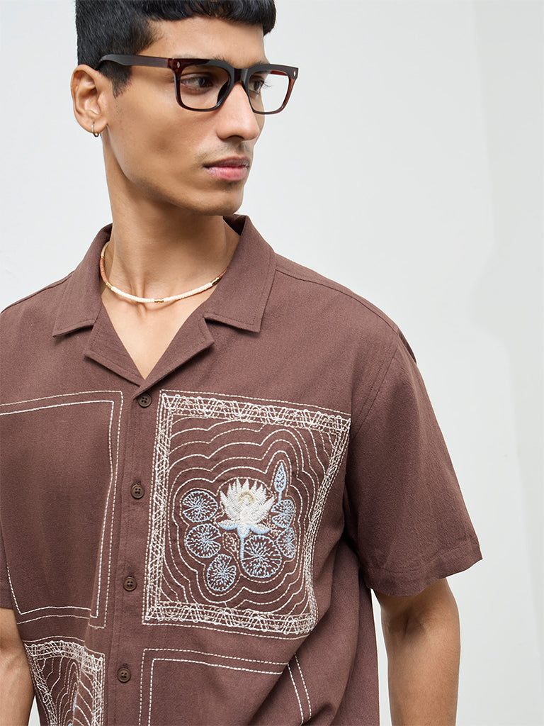 ETA Brown Embroidered Relaxed-Fit Cotton Shirt