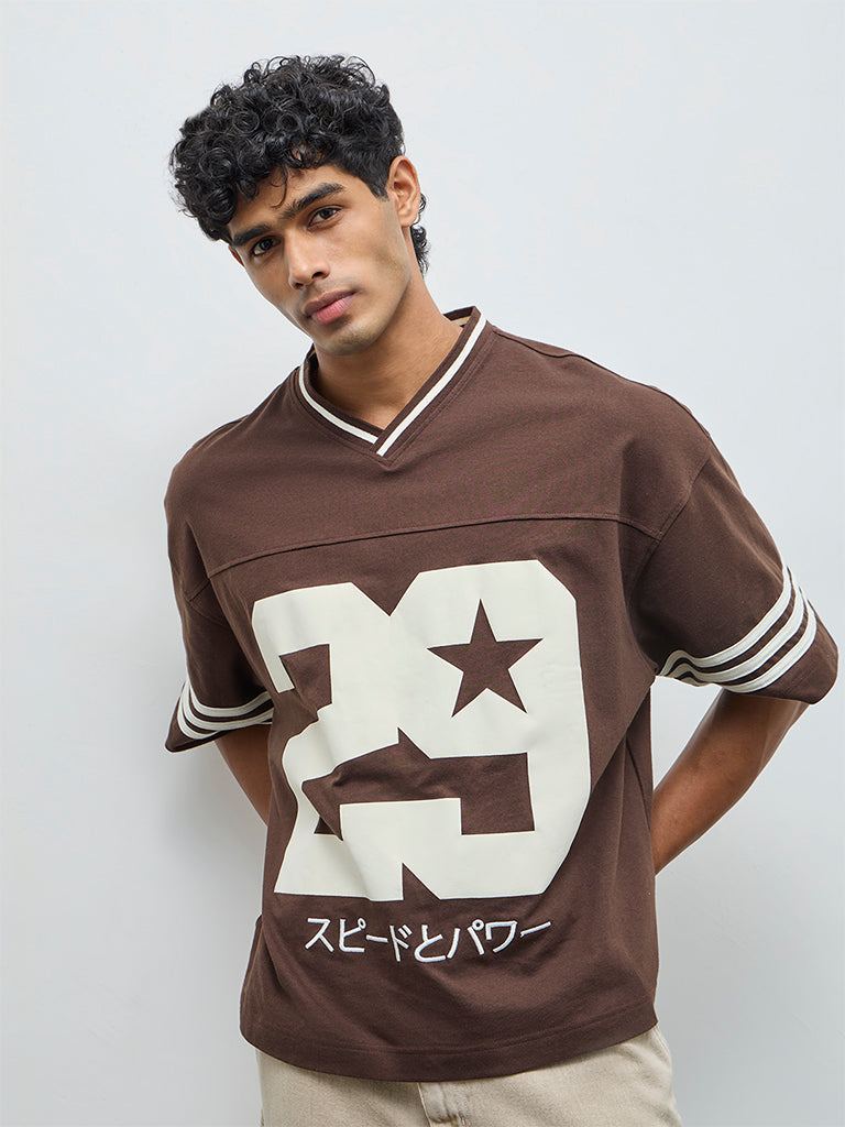 Nuon Brown Numerical Printed Oversized-Fit Cotton-Blend T-Shirt