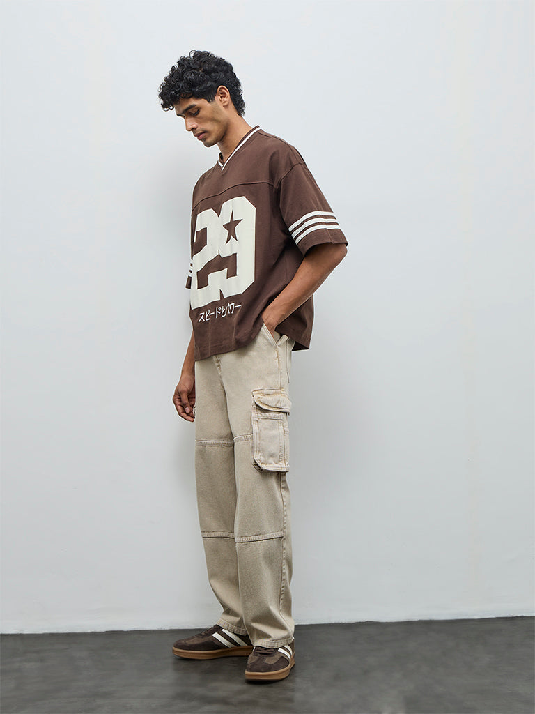 Nuon Brown Numerical Printed Oversized-Fit Cotton-Blend T-Shirt