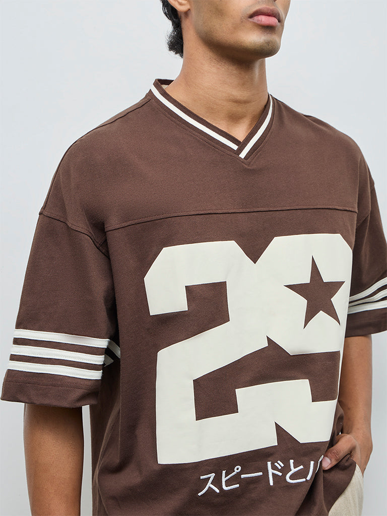 Nuon Brown Numerical Printed Oversized-Fit Cotton-Blend T-Shirt