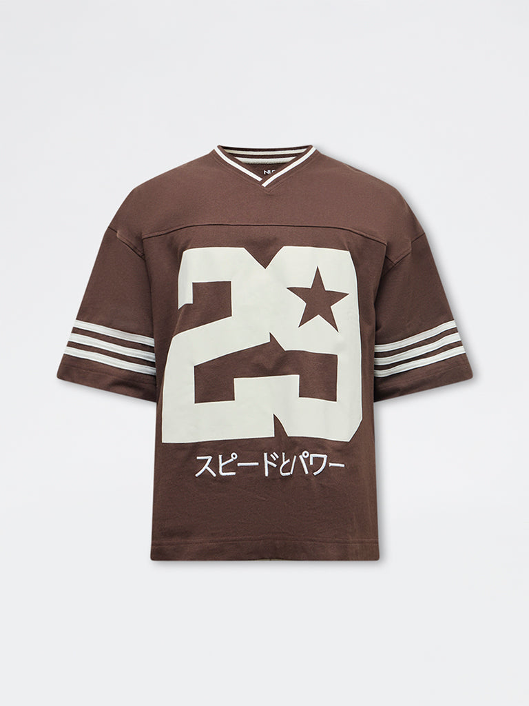 Nuon Brown Numerical Printed Oversized-Fit Cotton-Blend T-Shirt