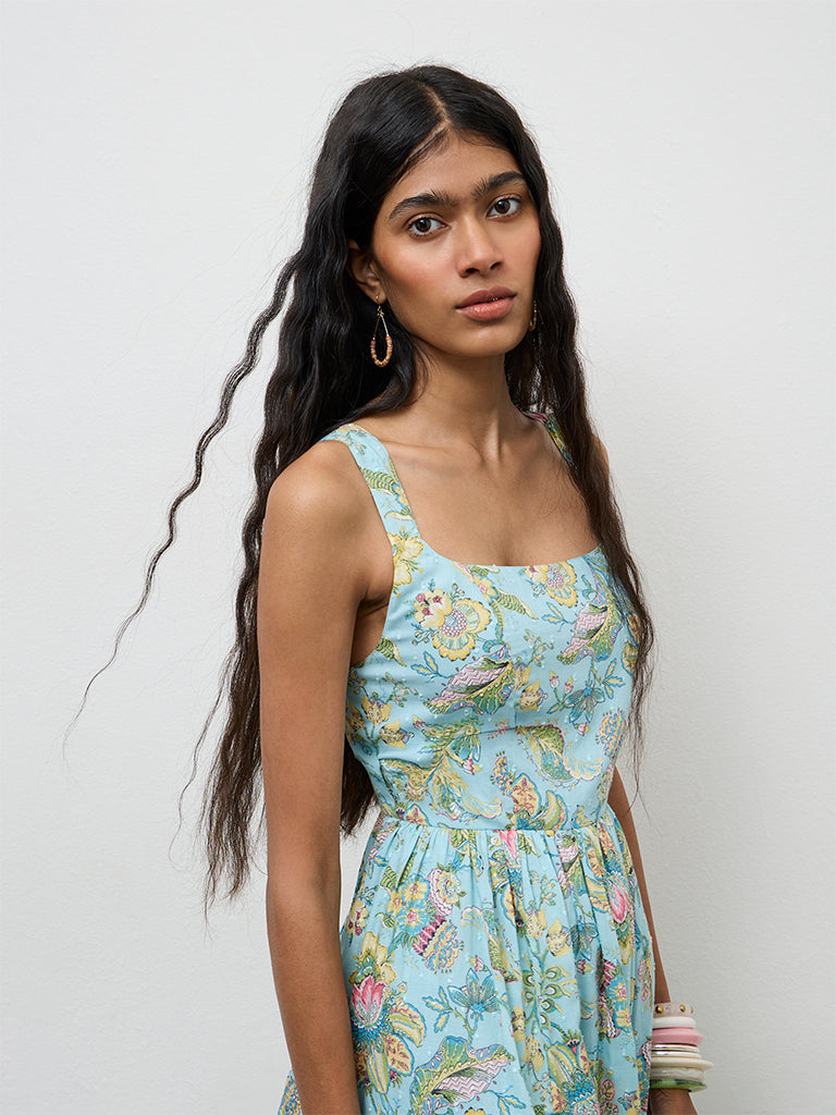 Bombay Paisley Blue Floral Printed Cotton A-Line Dress
