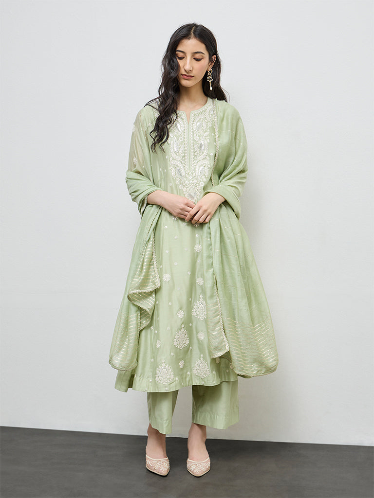 Vark Mint Embroidered Cotton-Blend A-Line Ethnic Set