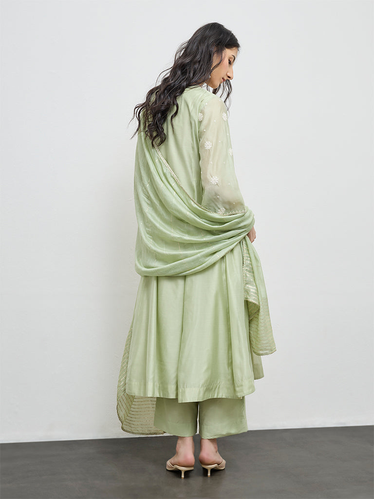 Vark Mint Embroidered Cotton-Blend A-Line Ethnic Set
