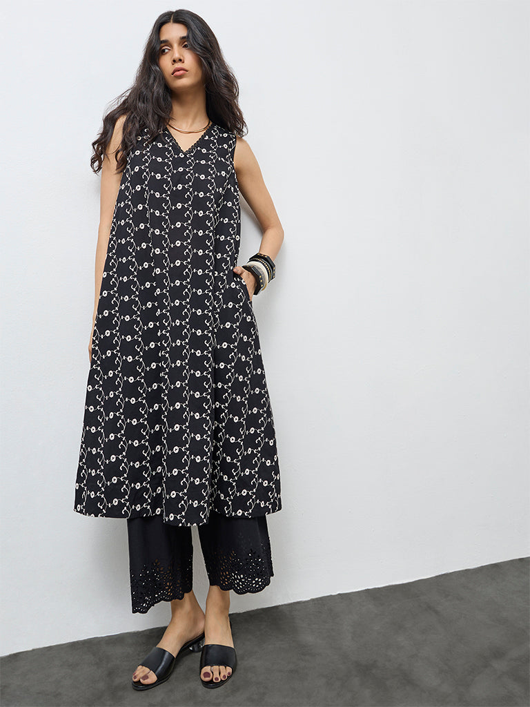 Utsa Black Floral Embroidered Cotton A-Line Kurta