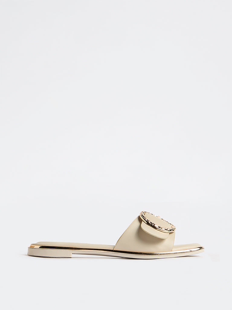 LUNA BLU Beige Buckle-Detailed Slides