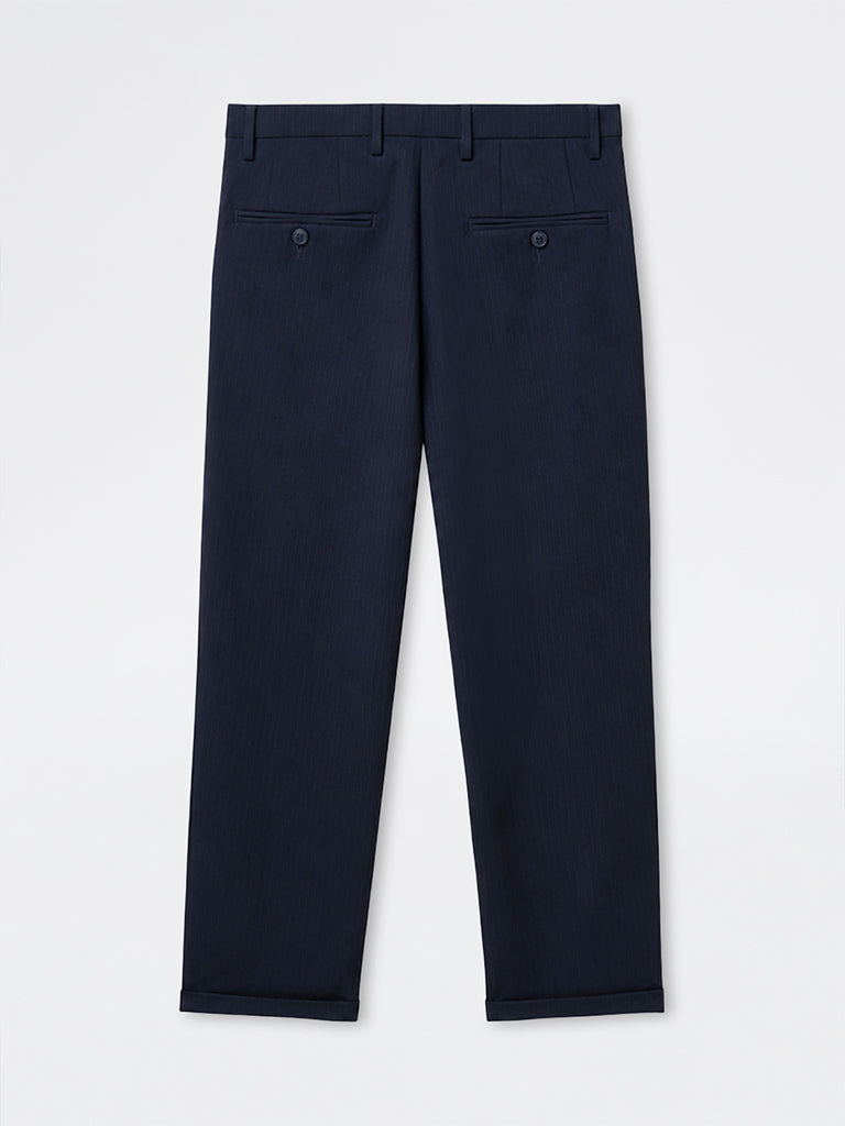 WES Formals Navy Pinstriped Slim-Fit Mid-Rise Trousers