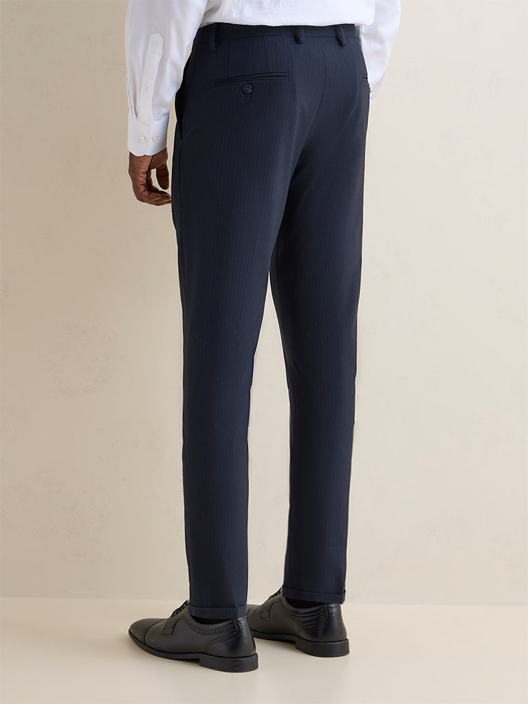 WES Formals Navy Pinstriped Slim-Fit Mid-Rise Trousers