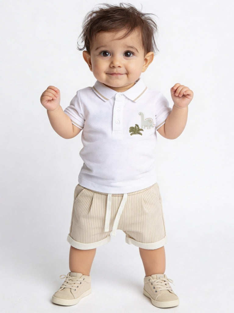 HOP Baby Boys White Cotton T-Shirt and Shorts Set