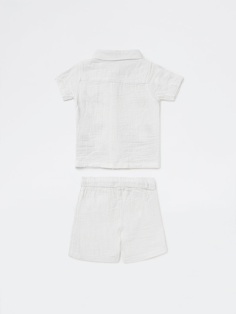 HOP Baby Boys White Embroidered Cotton Shirt and Shorts Set