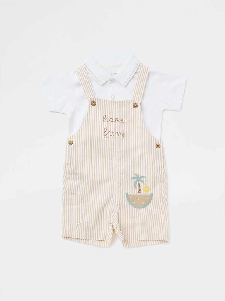 HOP Baby Boys Beige Cotton Dungaree with T-Shirt Set