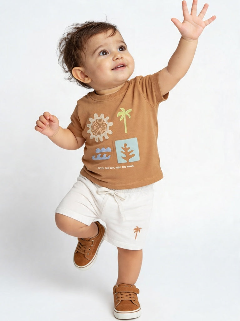 HOP Baby Boys Brown Graphic Cotton T-Shirt and Shorts Set