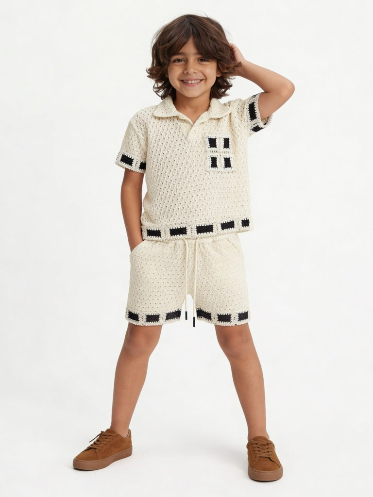 HOP Kids Boys Off-White Cotton T-Shirt and Shorts Set
