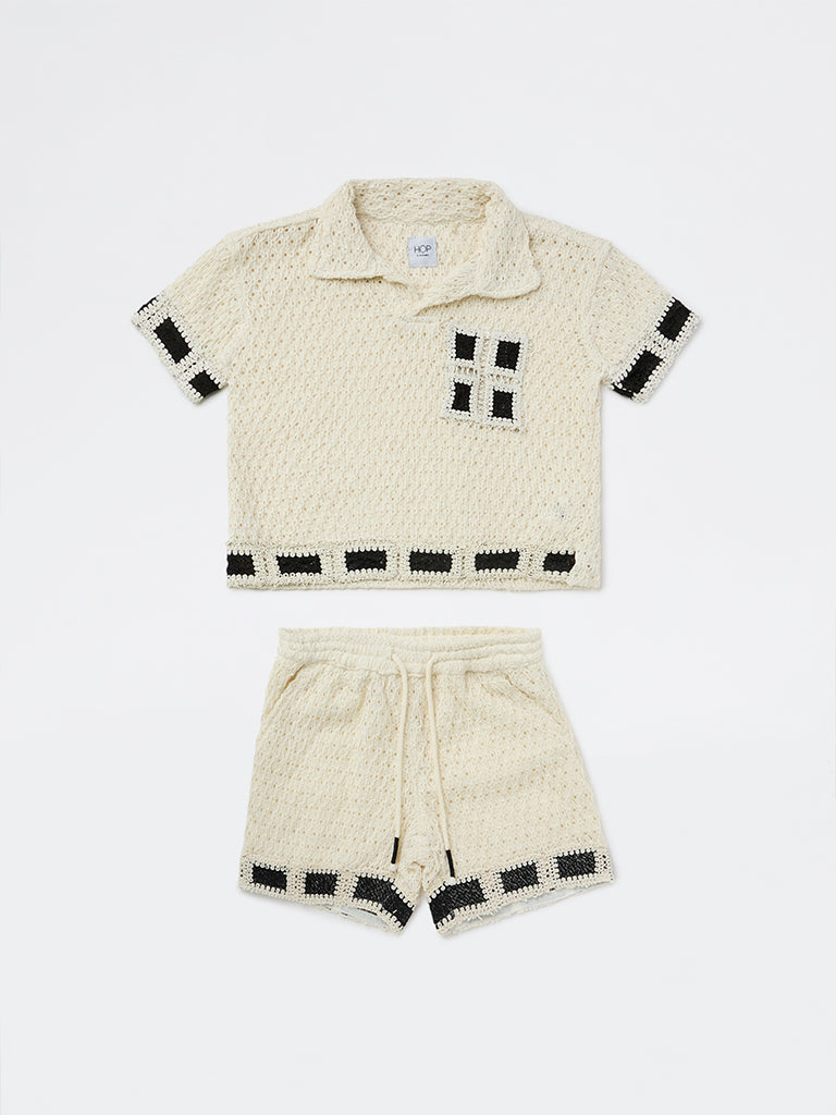 HOP Kids Boys Off-White Cotton T-Shirt and Shorts Set