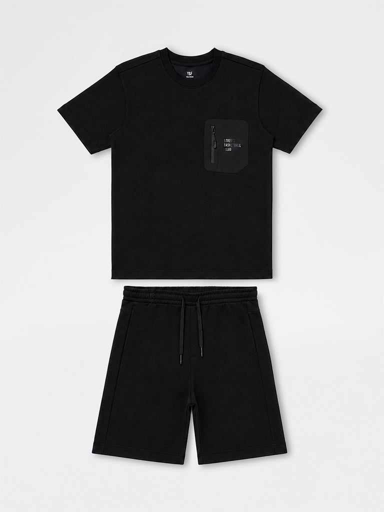 Boys Black Cotton-Blend T-Shirt and Shorts Set