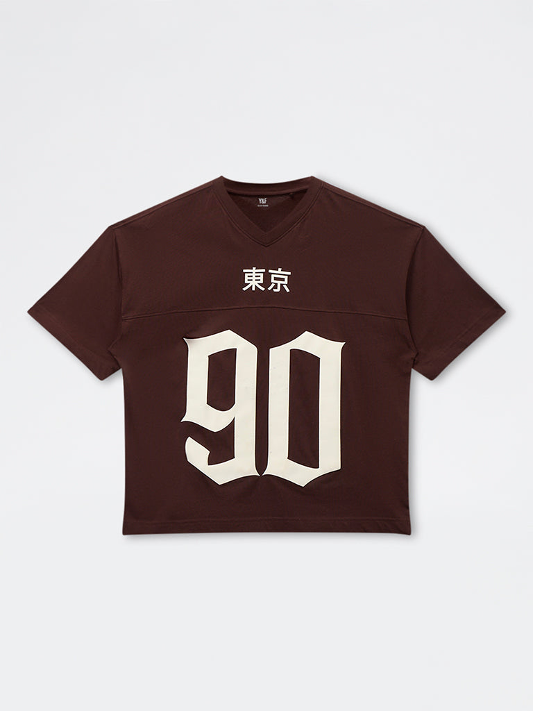 Boys Brown Numerical Printed Cotton T-Shirt