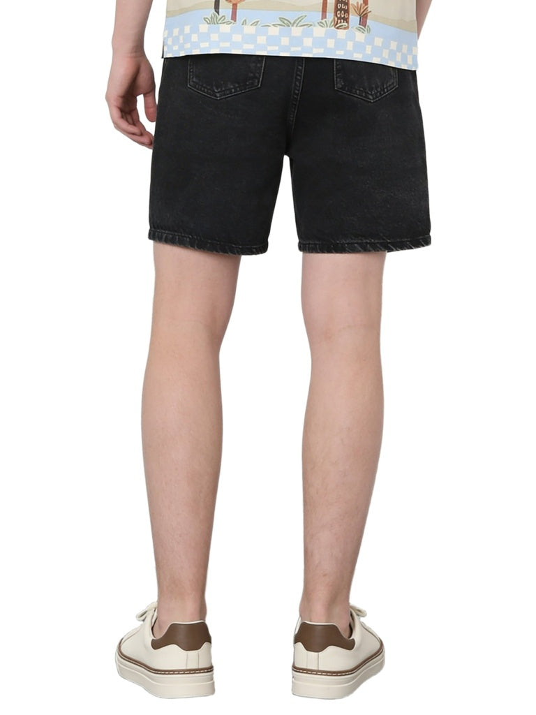 Boys Black Mid-Rise Denim Cargo Shorts
