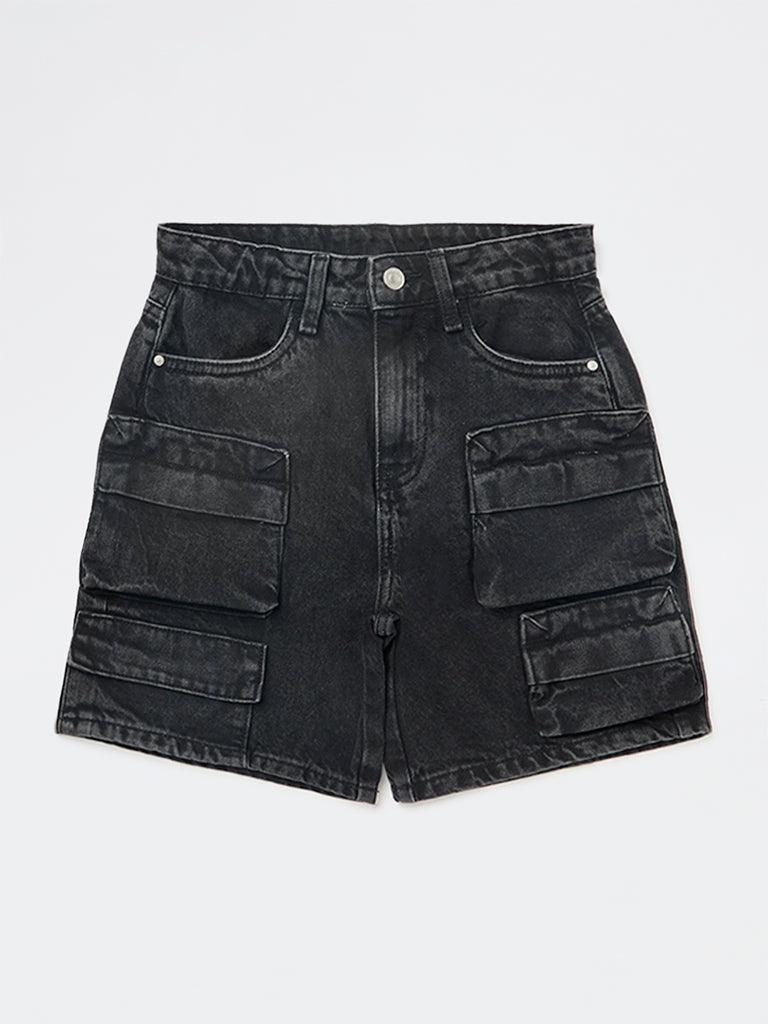 Boys Black Mid-Rise Denim Cargo Shorts