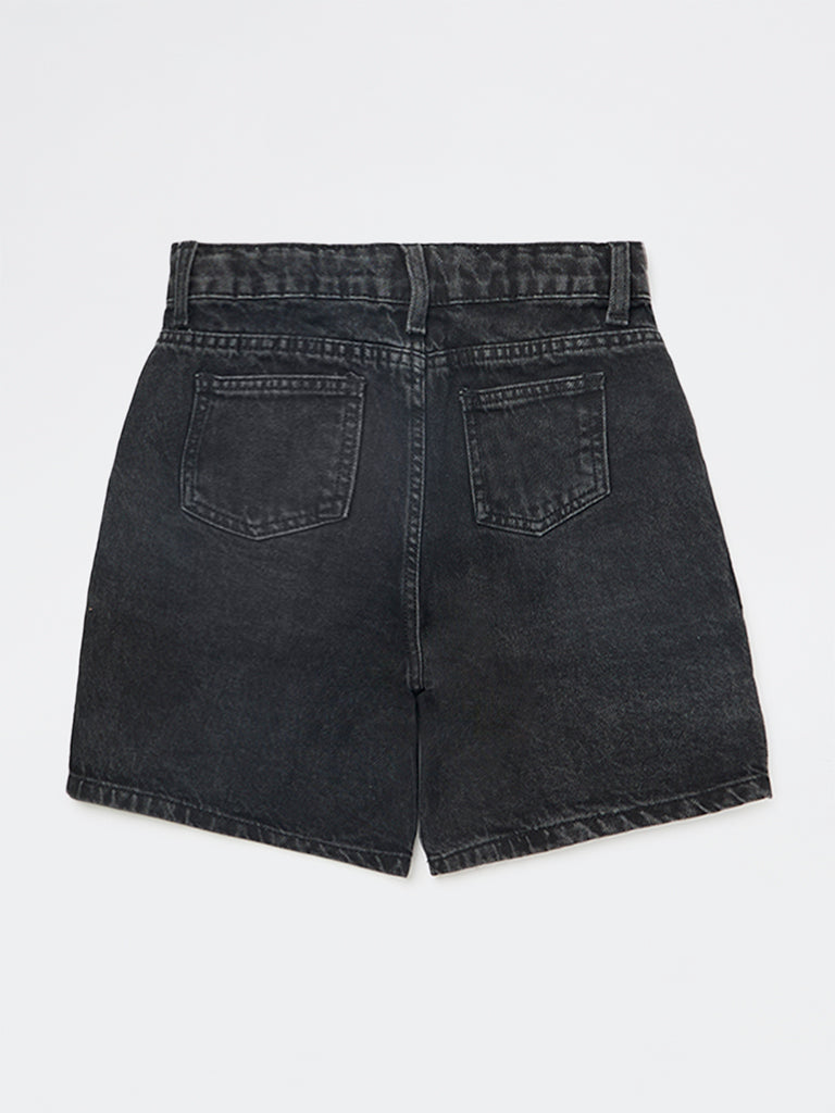 Boys Black Mid-Rise Denim Cargo Shorts