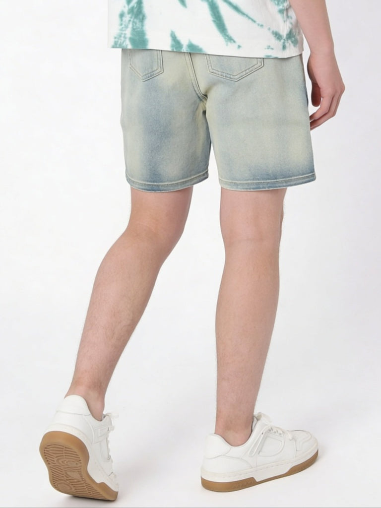 Boys Blue Washed Mid-Rise Denim Cargo Shorts