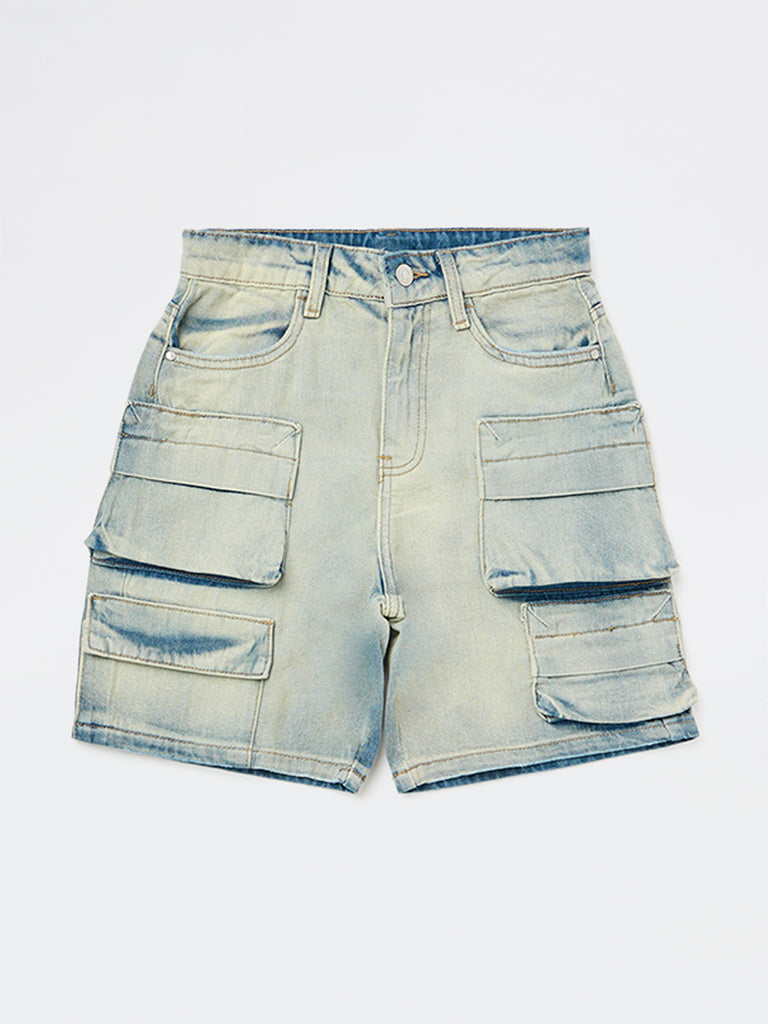 Boys Blue Washed Mid-Rise Denim Cargo Shorts