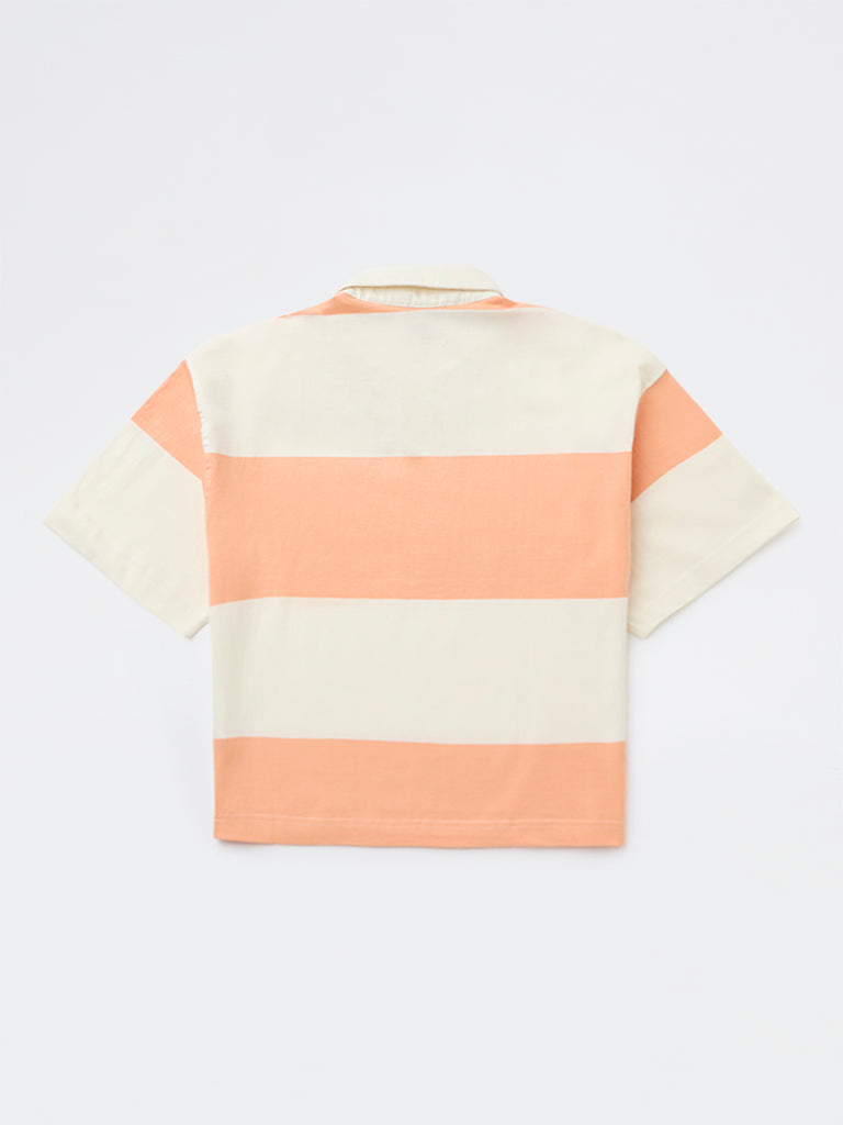 Boys Orange Colour-Blocked Cotton Polo T-Shirt