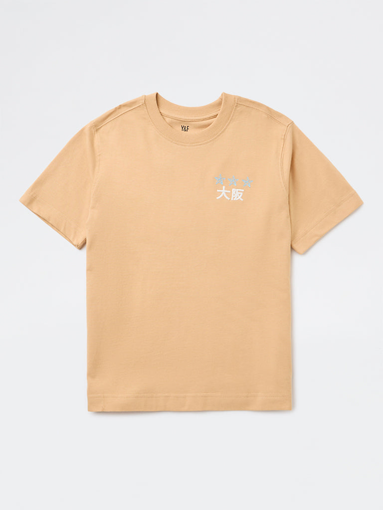 Boys Brown Graphic Printed Cotton T-Shirt