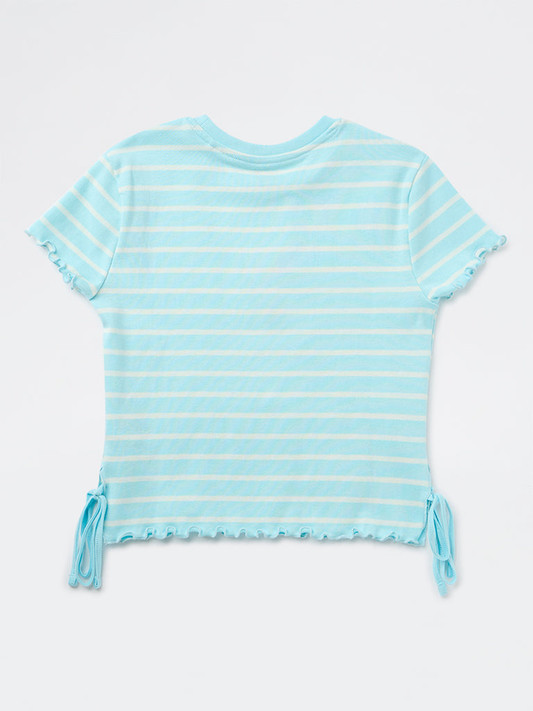 Girls Blue Striped Cotton-Blend T-Shirt