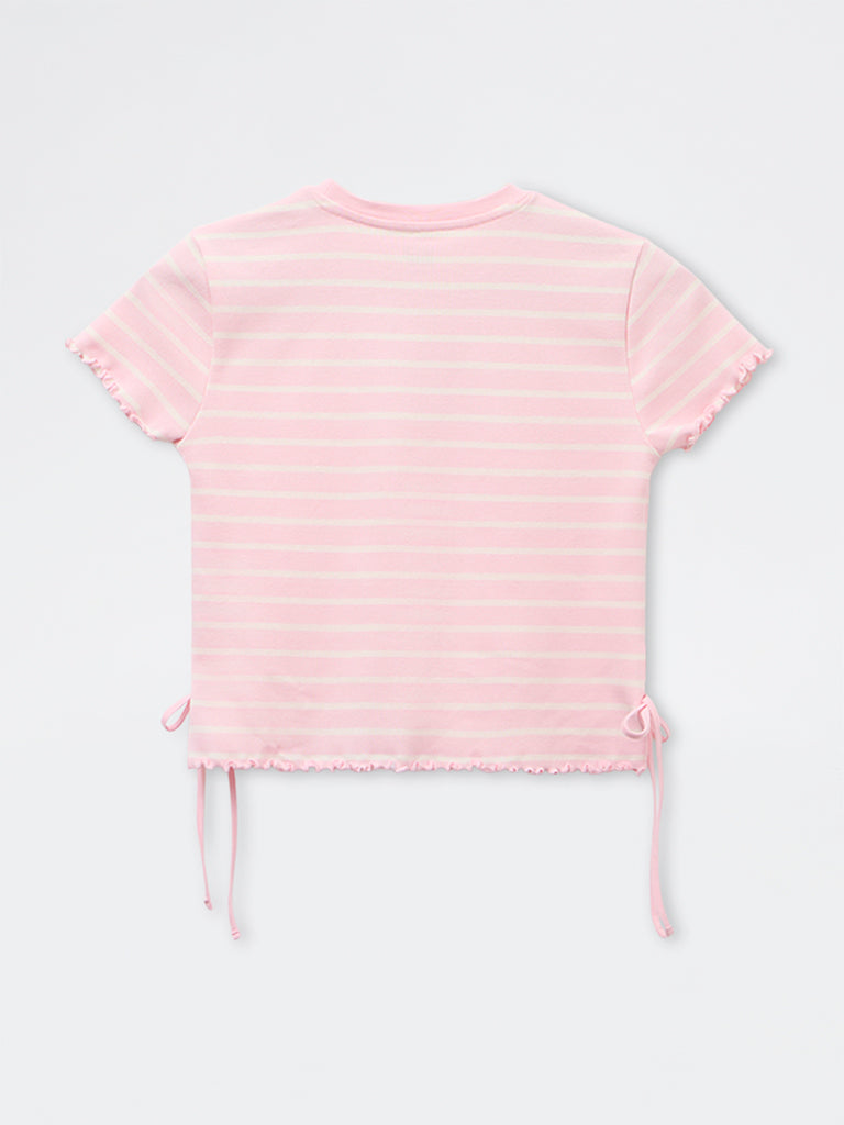 Girls Pink Striped Cotton-Blend T-Shirt