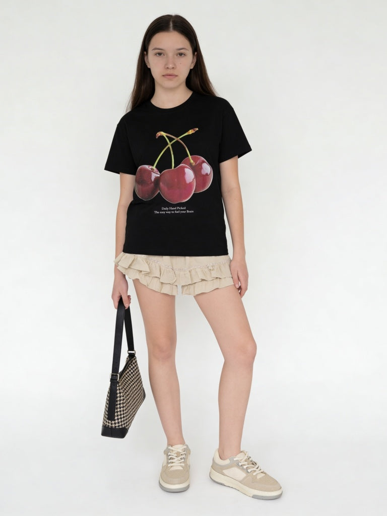 Girls Black Graphic Printed Cotton T-Shirt
