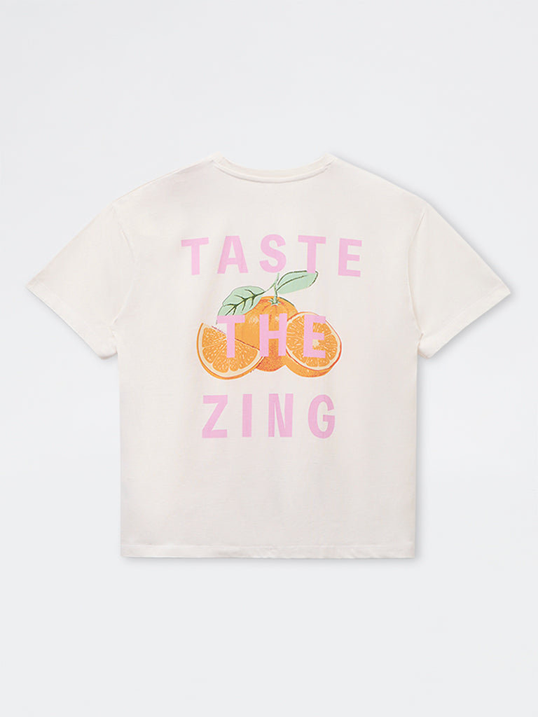 Girls White Fruit Printed Cotton T-Shirt