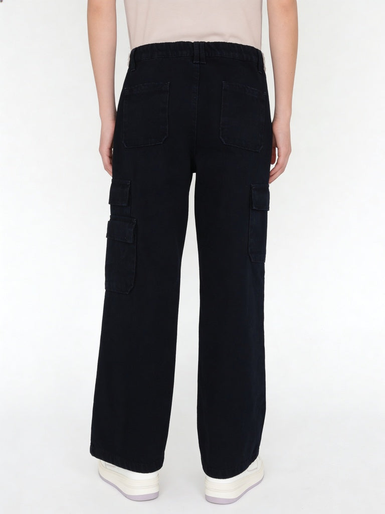 Girls Black Solid Wide-Leg Denim Jeans