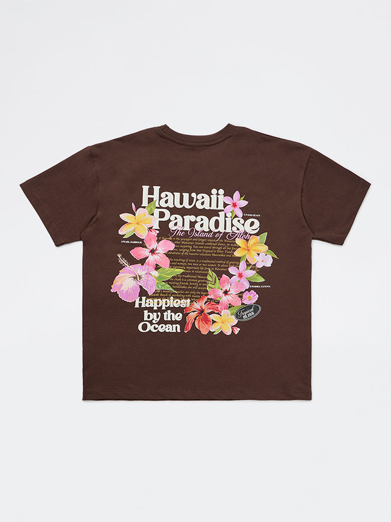 Girls Brown Graphic-Printed Cotton T-Shirt