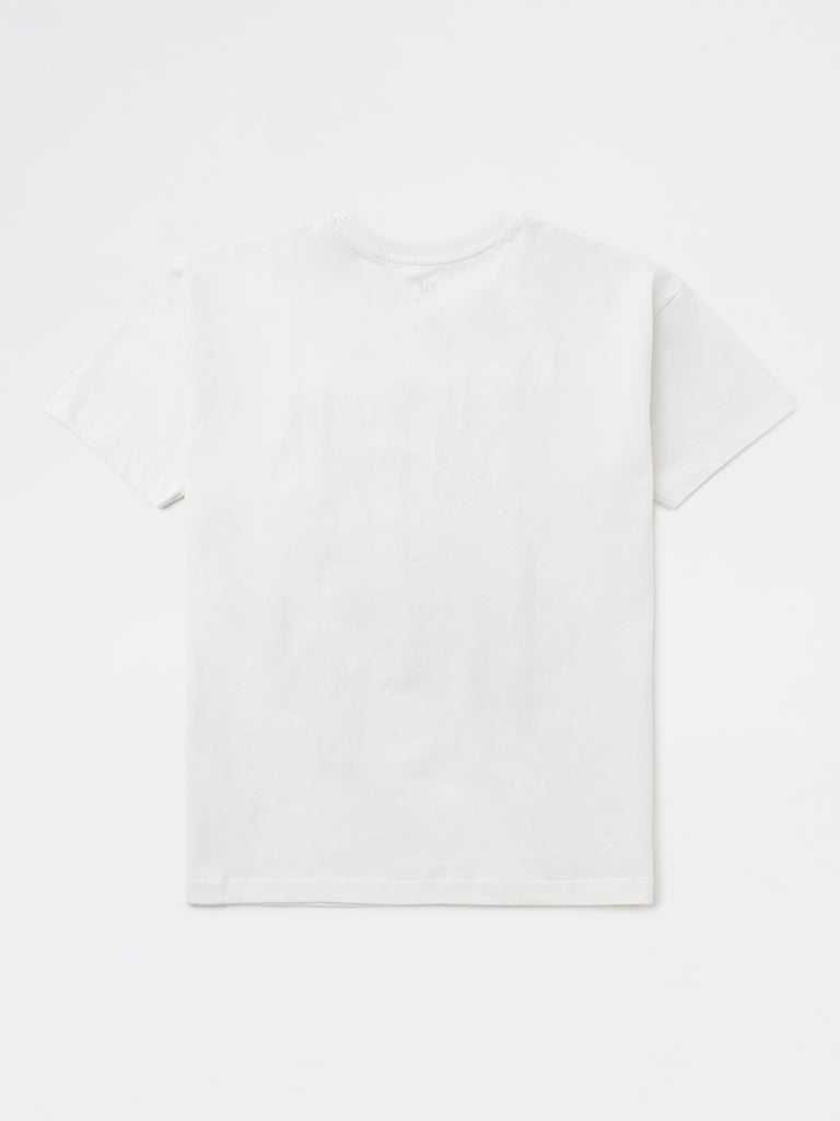 Girls White Graphic Printed Cotton T-Shirt