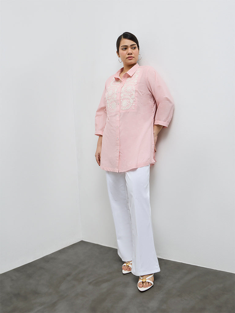 Diza Pink Botanical Embroidered Cotton Tunic