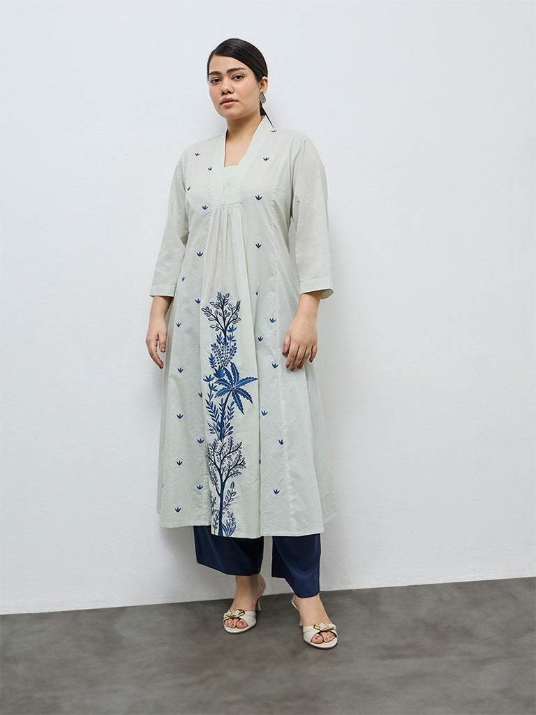 Diza Mint Foliage Embroidered Cotton A-Line Kurta